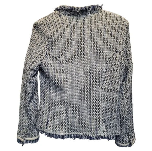 Louise Paris Blue White Tweed Blazer Frayed Hems Cropped Fit - Size L Juniors - Picture 2 of 5